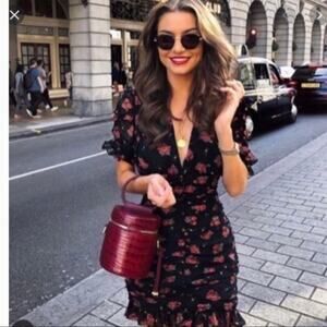 Zara Rose Print Ruched and Ruffled Mini Dress size Small